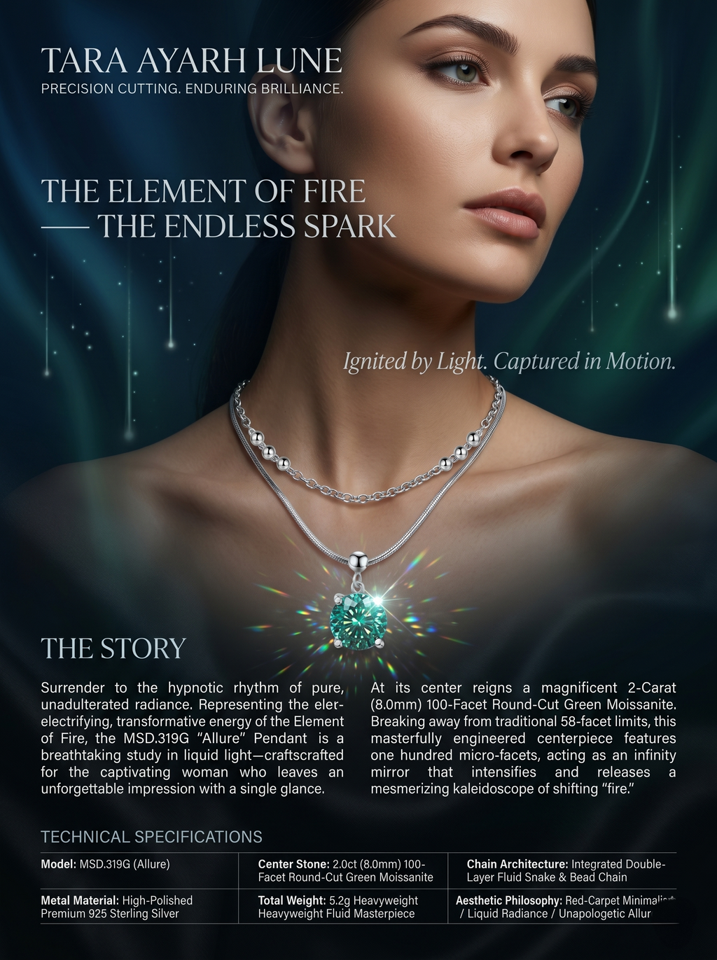 MSD.319G | "Allure" 2-Carat 100-Facet Round-Cut Green Moissanite Double-Layer Pendant Necklace