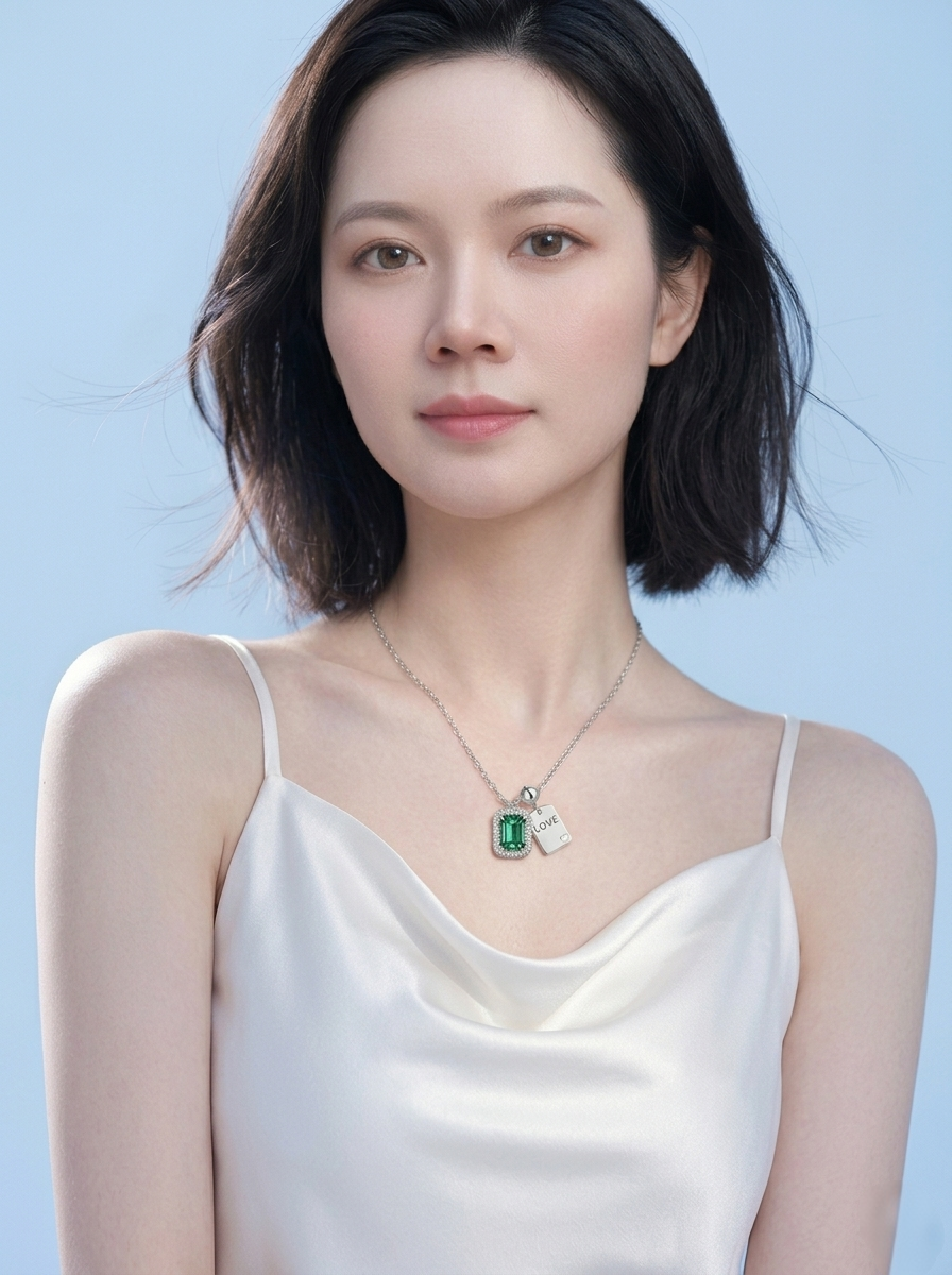 MSD.631G | "Forest Love-Tag" Emerald-Cut Green Gemstone Halo Pendant Necklace with Engraved Silver Identity Plaque