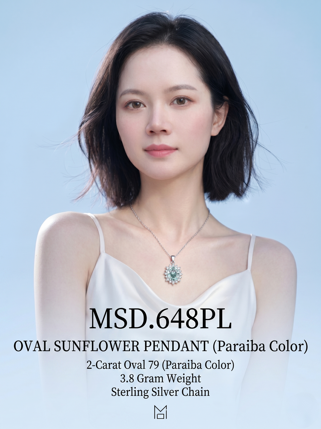 (MSD.648PL)The Solar Bloom 2-Carat Oval Paraiba-Color Moissanite Pendant Necklace