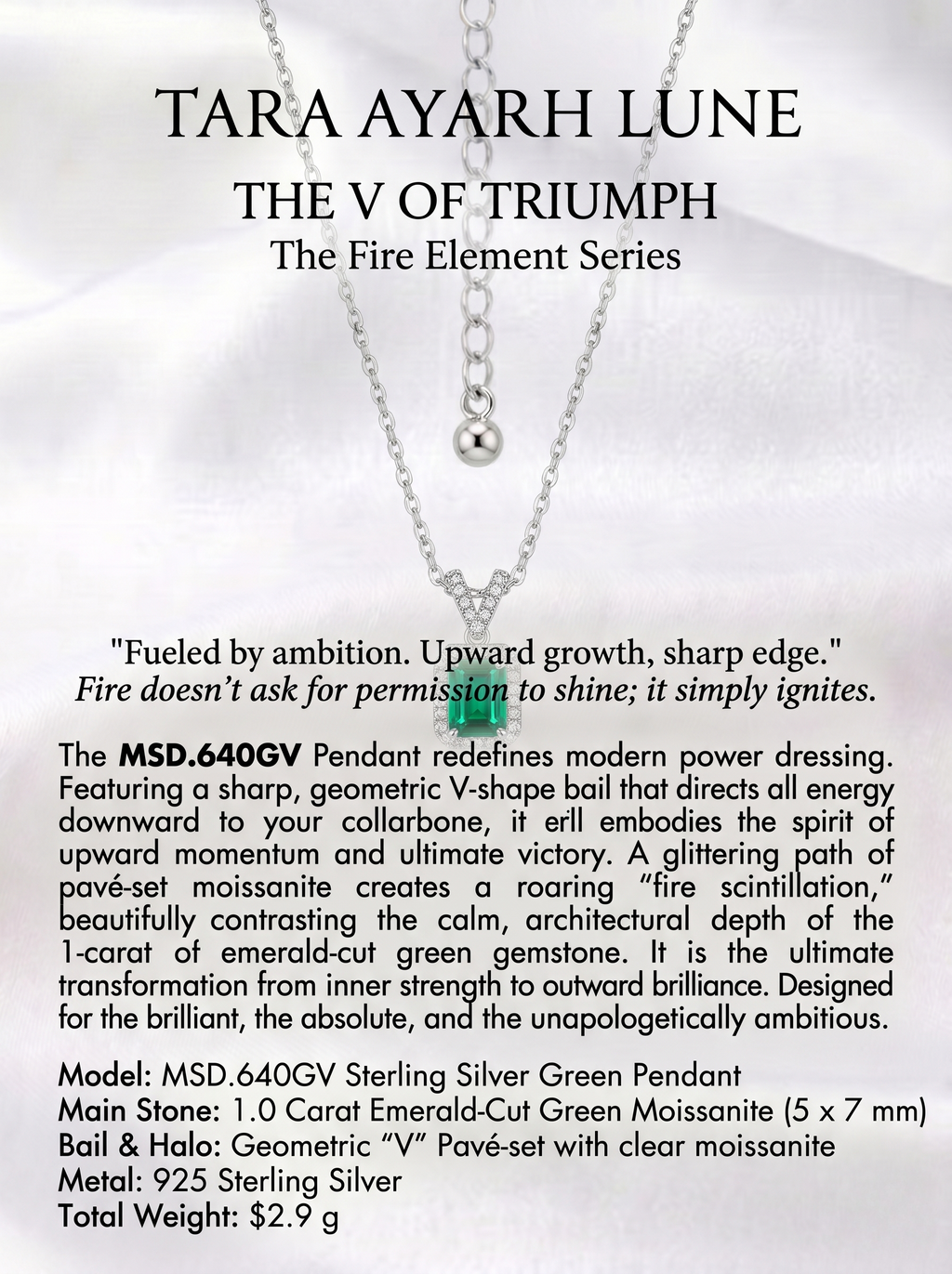 (MSD.640G)TARA AYARH LUNE | "The Element of Fire" V-Shape Emerald-Cut Green Pendant Necklace