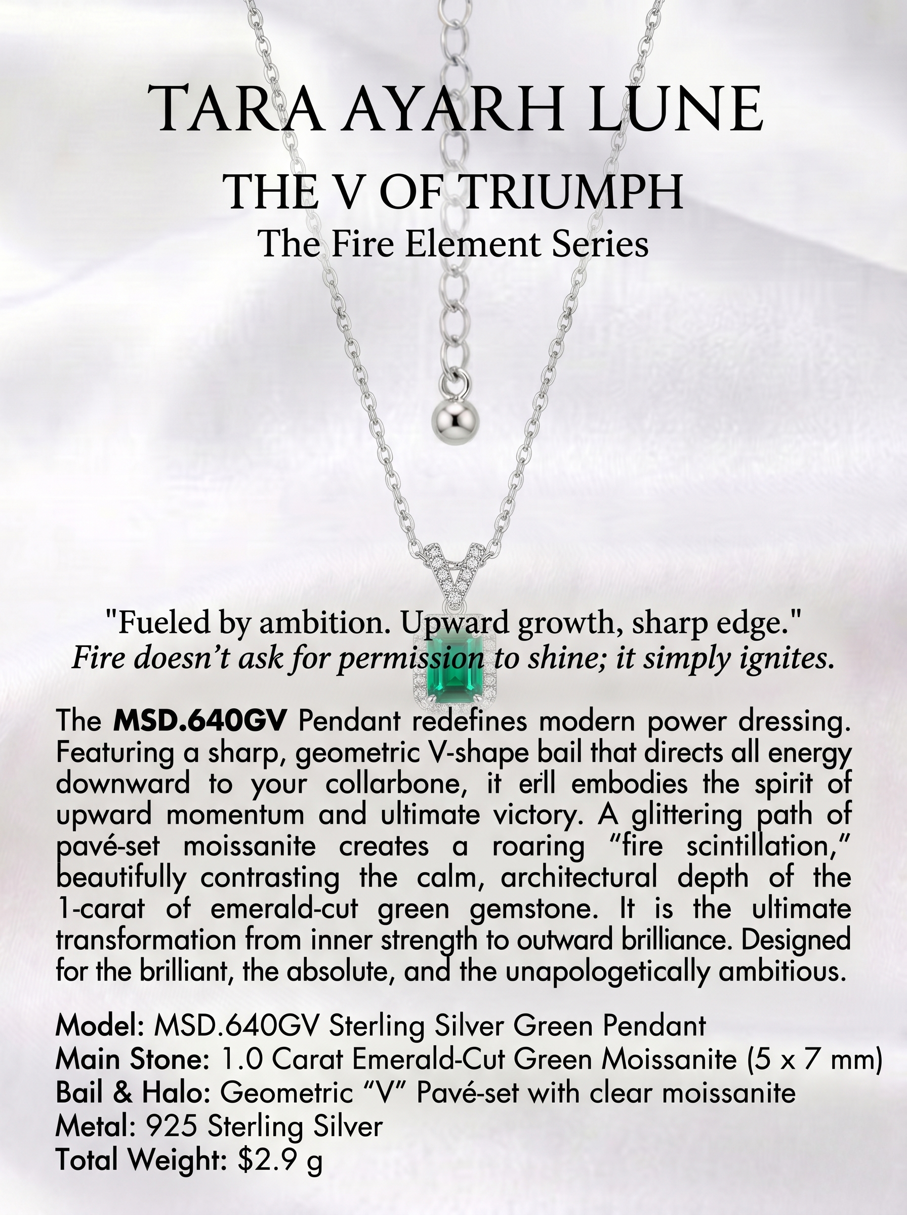 (MSD.640G)TARA AYARH LUNE | "The Element of Fire" V-Shape Emerald-Cut Green Pendant Necklace