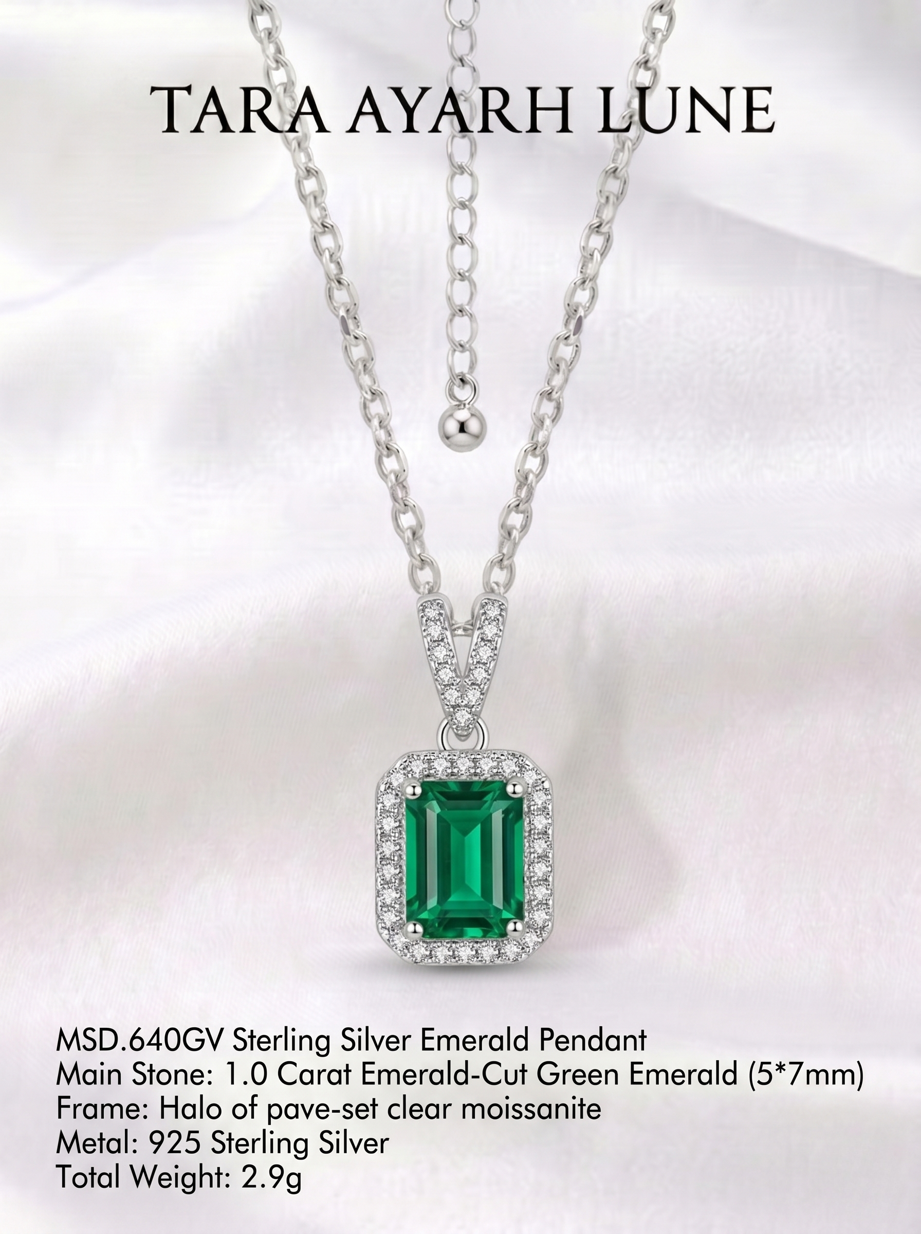 (MSD.640G)TARA AYARH LUNE | "The Element of Fire" V-Shape Emerald-Cut Green Pendant Necklace