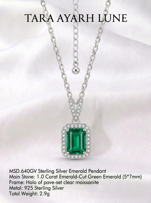 (MSD.640G)TARA AYARH LUNE | "The Element of Fire" V-Shape Emerald-Cut Green Pendant Necklace