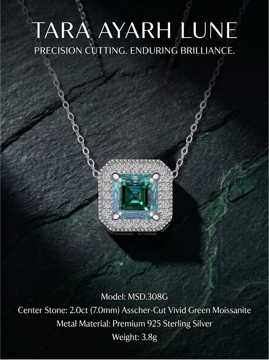 MSD.308G | "Geometric Labyrinth" 2-Carat Asscher-Cut Green Moissanite Milgrain Rivet Pendant