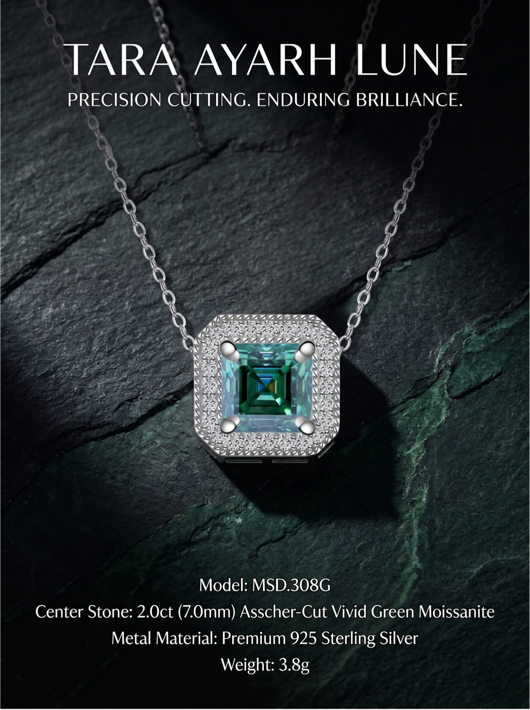 MSD.308G | "Geometric Labyrinth" 2-Carat Asscher-Cut Green Moissanite Milgrain Rivet Pendant