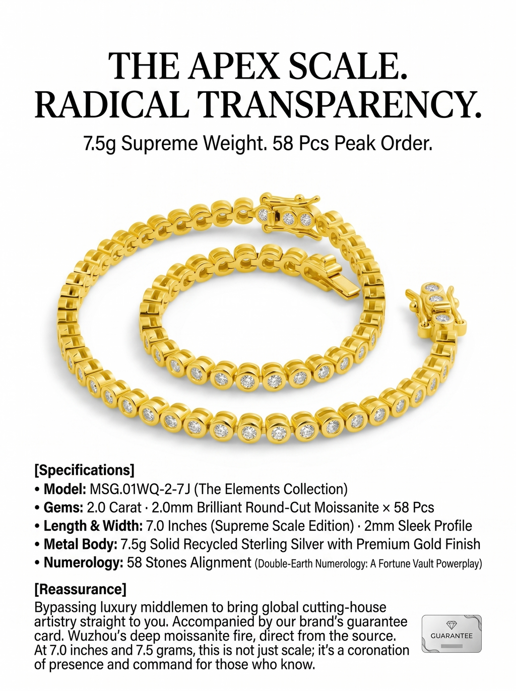 (MSG.01WQ-2-7J)The Sovereign Loop 2-Carat Moissanite Tennis Bracelet - 7 Inches