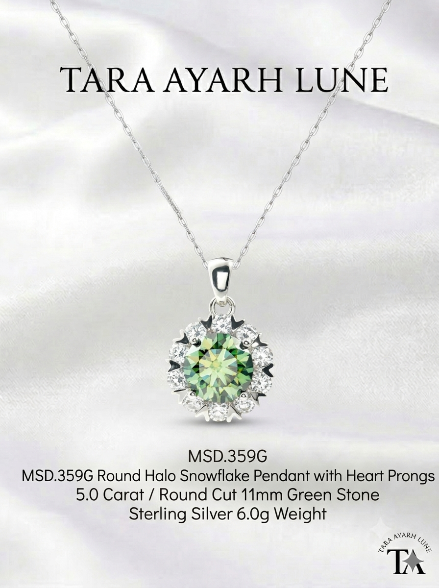 MSD.359G | "Sacred Snowflake" 5-Carat Round-Cut Mint Green Moissanite Heavyweight Statement Pendant Necklace