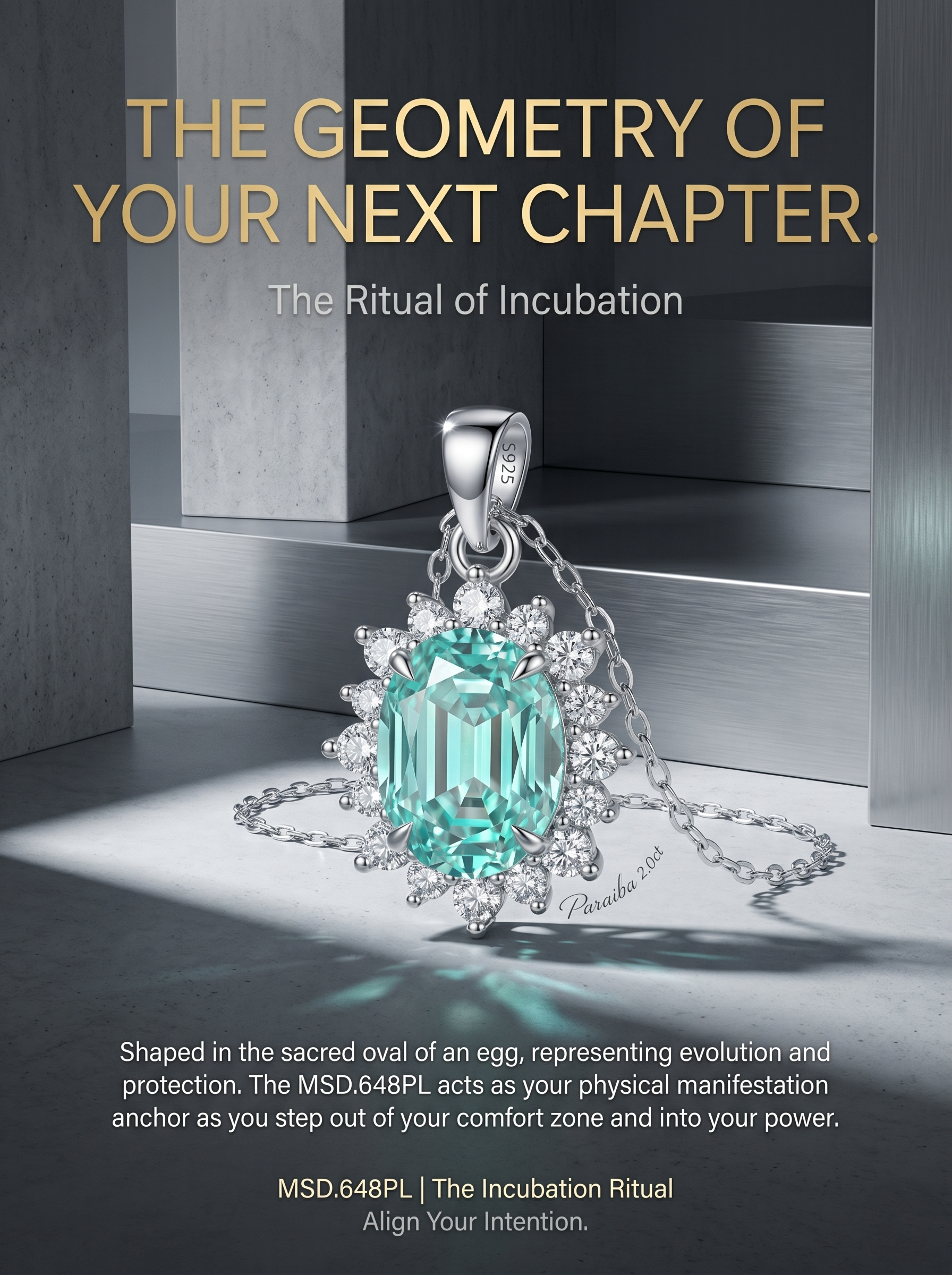 (MSD.648PL)The Solar Bloom 2-Carat Oval Paraiba-Color Moissanite Pendant Necklace