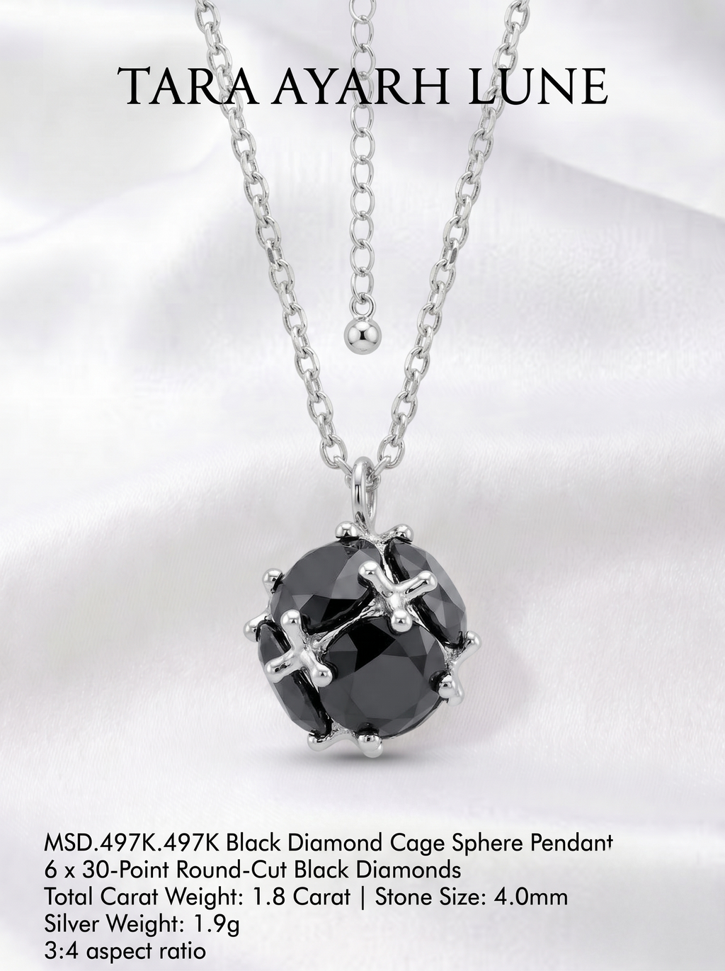 MSD.497K | "Gravity Sphere" 3D Cage Hollow Round-Cut Black Moissanite Geometric Pendant Necklace
