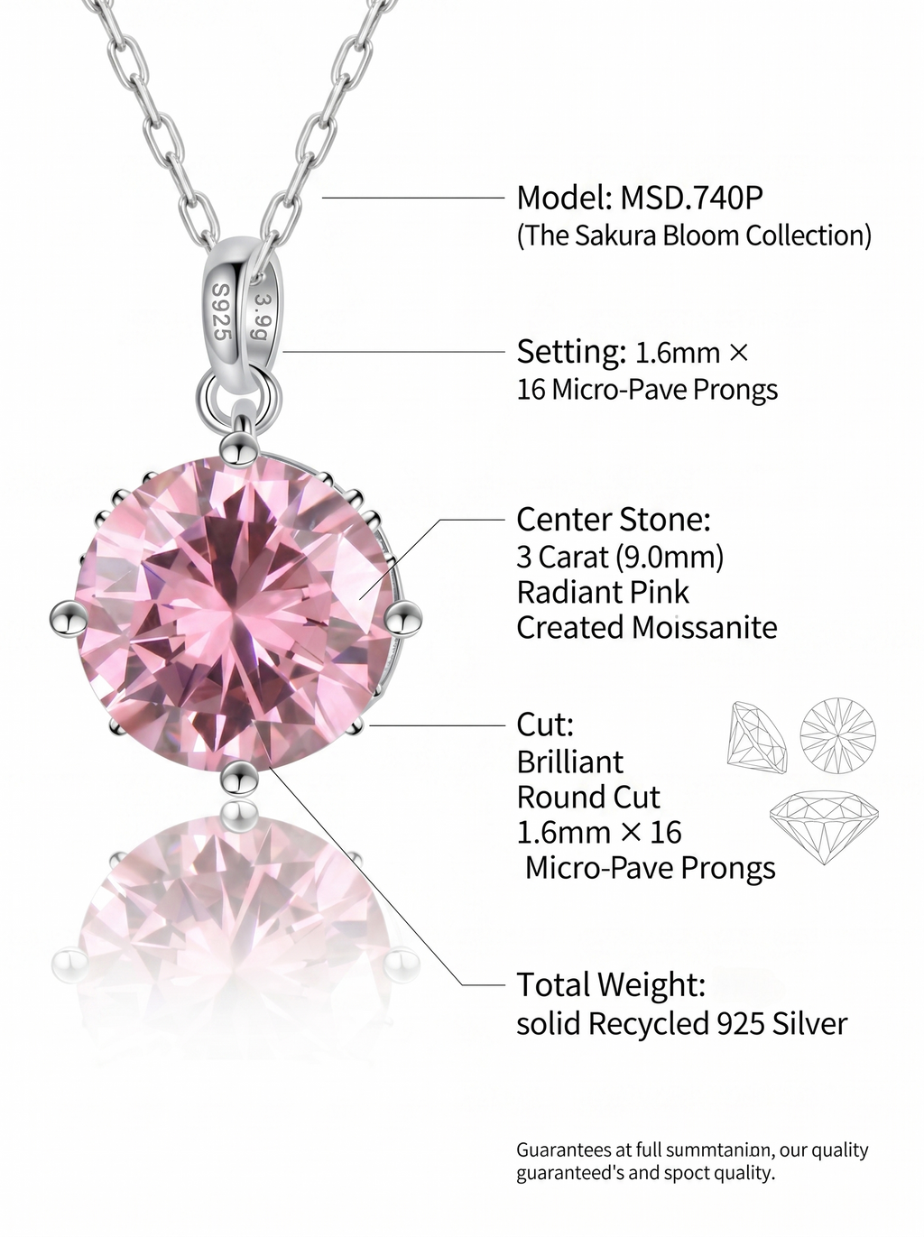 (MSD.740P)The Sakura Bloom 3-Carat Round Pink Moissanite Pendant Necklace