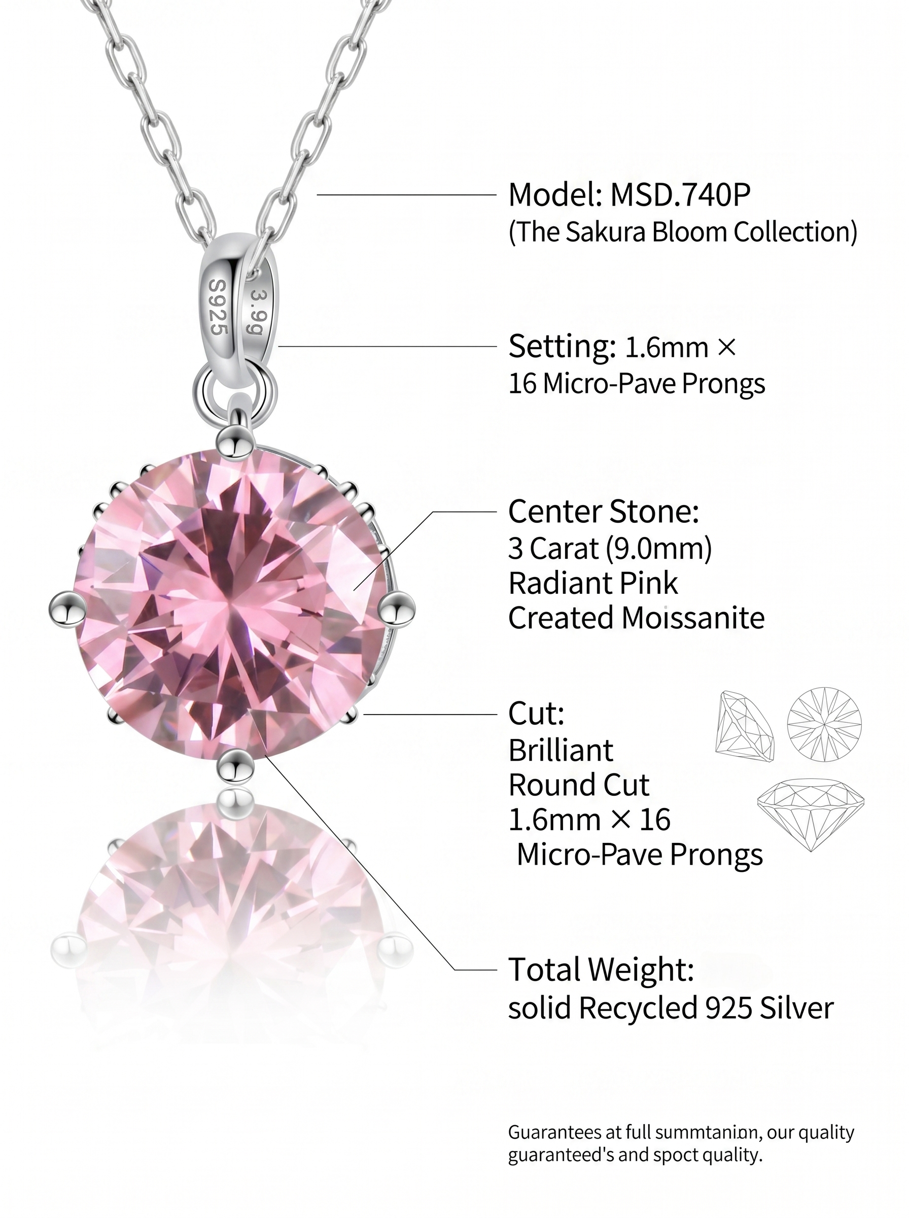 (MSD.740P)The Sakura Bloom 3-Carat Round Pink Moissanite Pendant Necklace