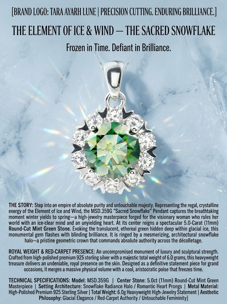 MSD.359G | "Sacred Snowflake" 5-Carat Round-Cut Mint Green Moissanite Heavyweight Statement Pendant Necklace