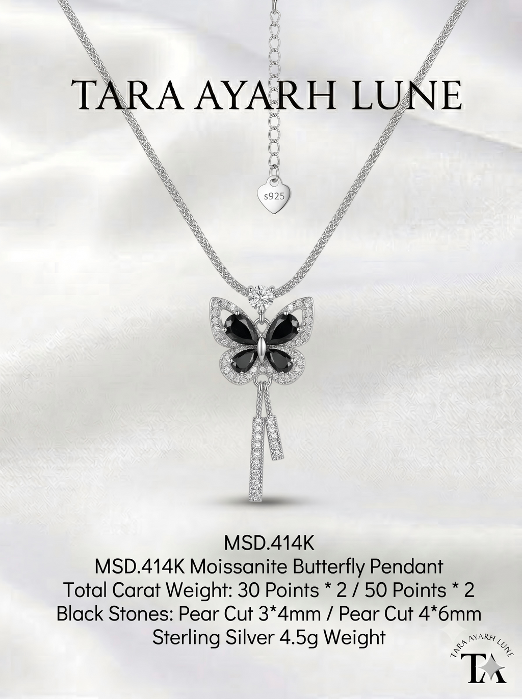 MSD.414K | "Wings of Freedom" Pear-Cut Black Moissanite Butterfly Tassel Pendant Necklace