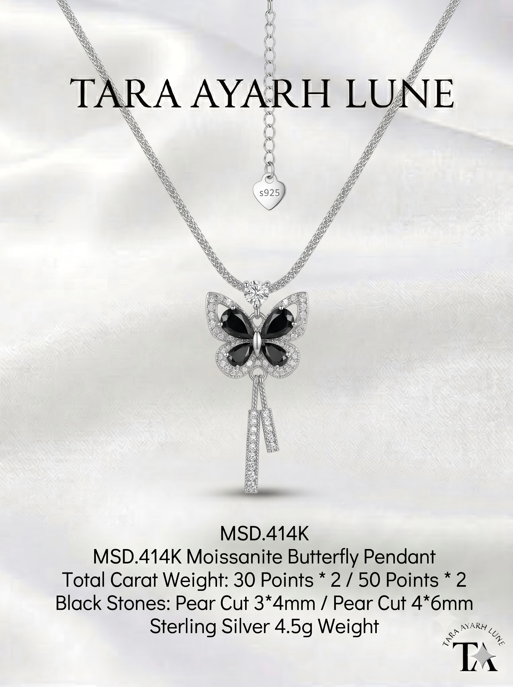 MSD.414K | "Wings of Freedom" Pear-Cut Black Moissanite Butterfly Tassel Pendant Necklace