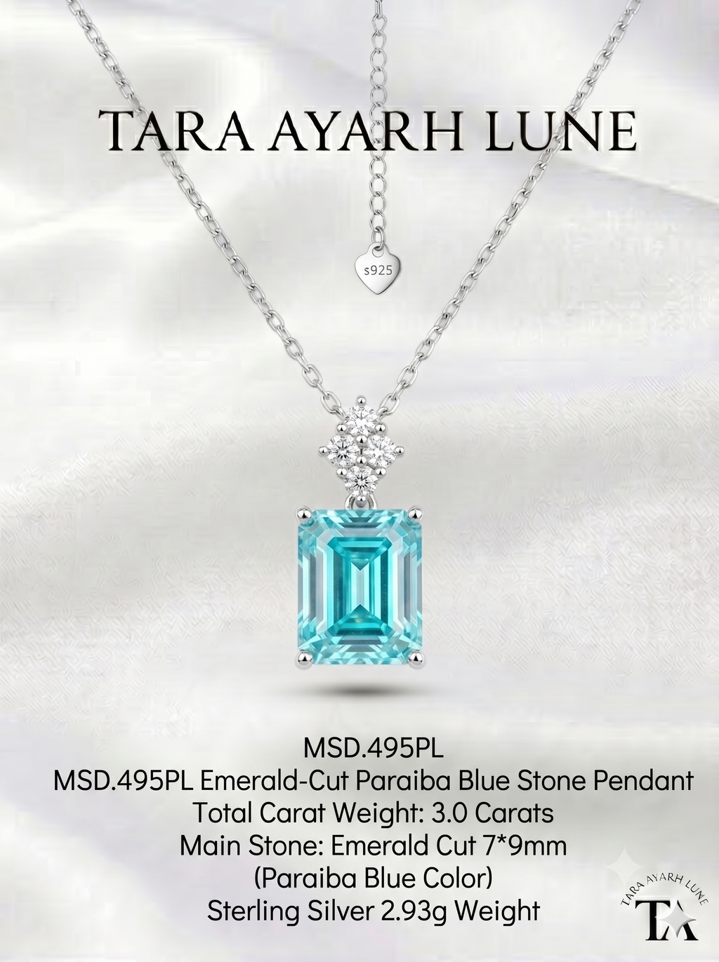 MSD.495PL | "Paraiba Abyss" 3-Carat Emerald-Cut Electric Blue Moissanite Geometric Pendant Necklace