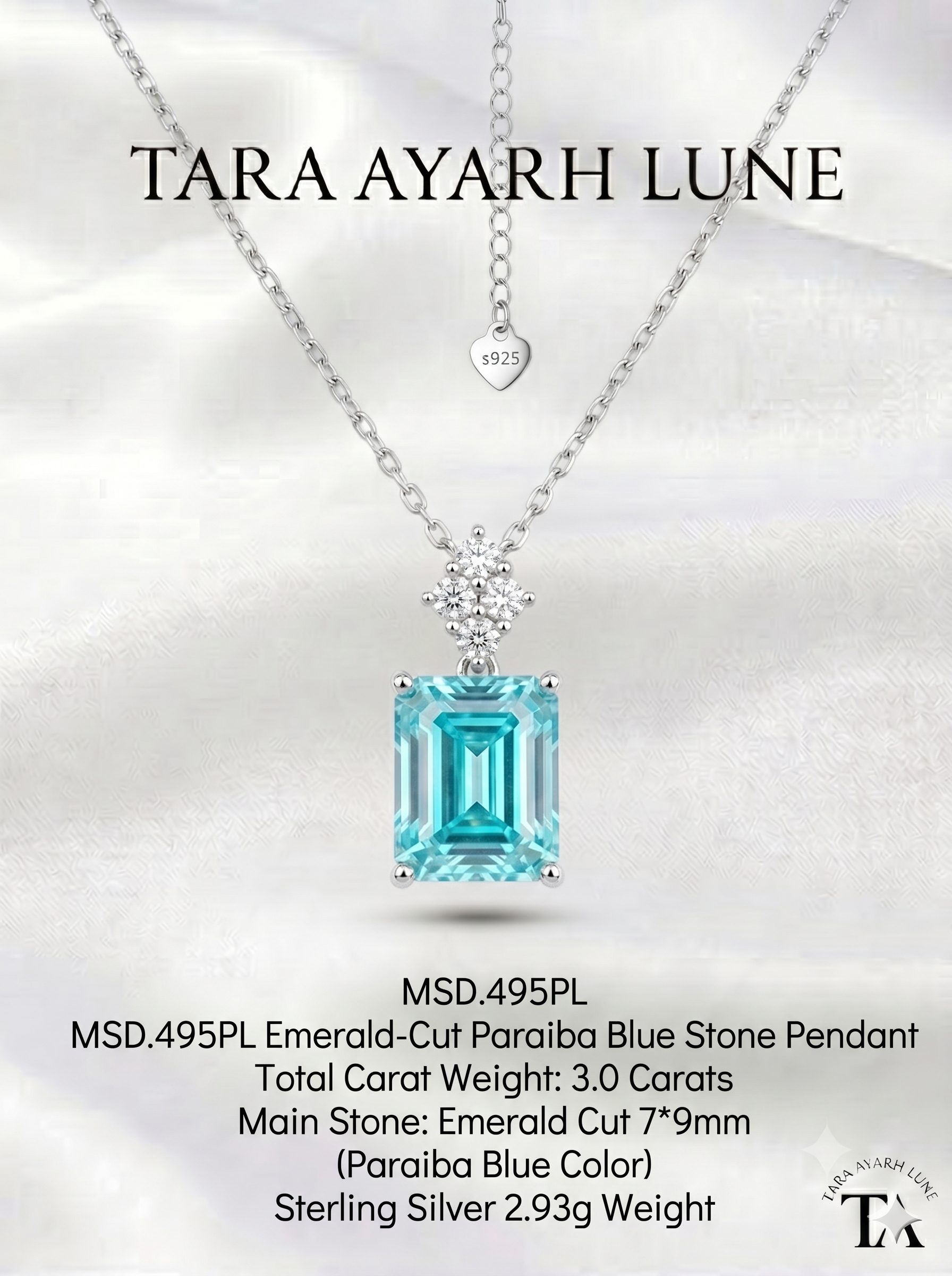 MSD.495PL | "Paraiba Abyss" 3-Carat Emerald-Cut Electric Blue Moissanite Geometric Pendant Necklace