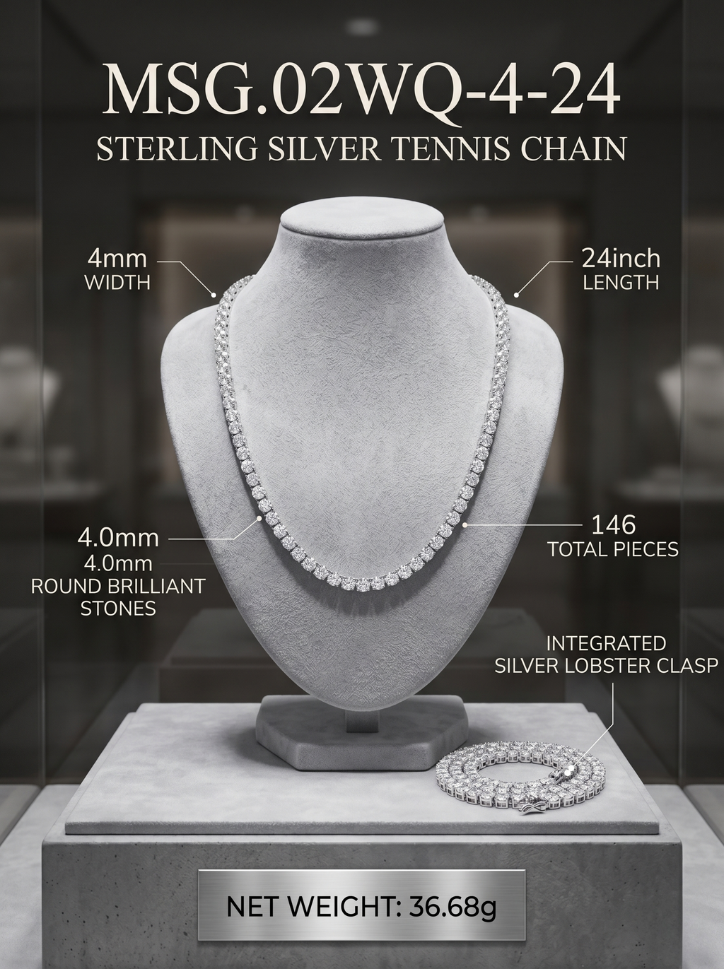 (MSG.02WQ-4 Series)The Empire Circuit 4mm Bold Moissanite 24-Inch Tennis Chain