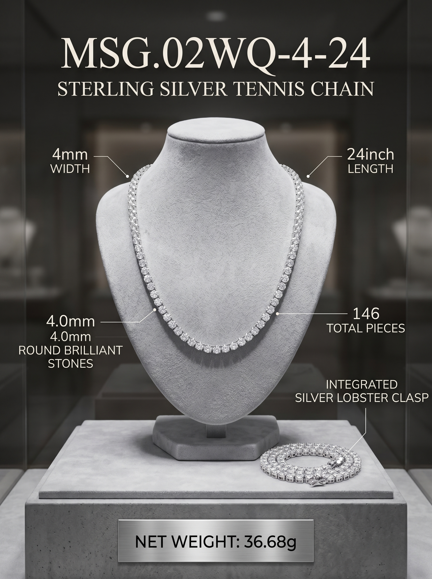 (MSG.02WQ-4 Series)The Empire Circuit 4mm Bold Moissanite 24-Inch Tennis Chain