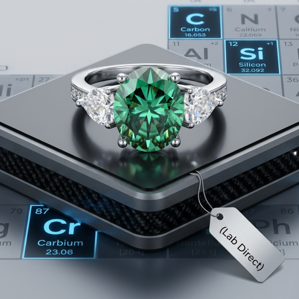 5ct Oval Cut Green Moissanite Ring with Pear Accents | Infinite Trinity Premier Lab Luxury | TARA AYARH LUNE