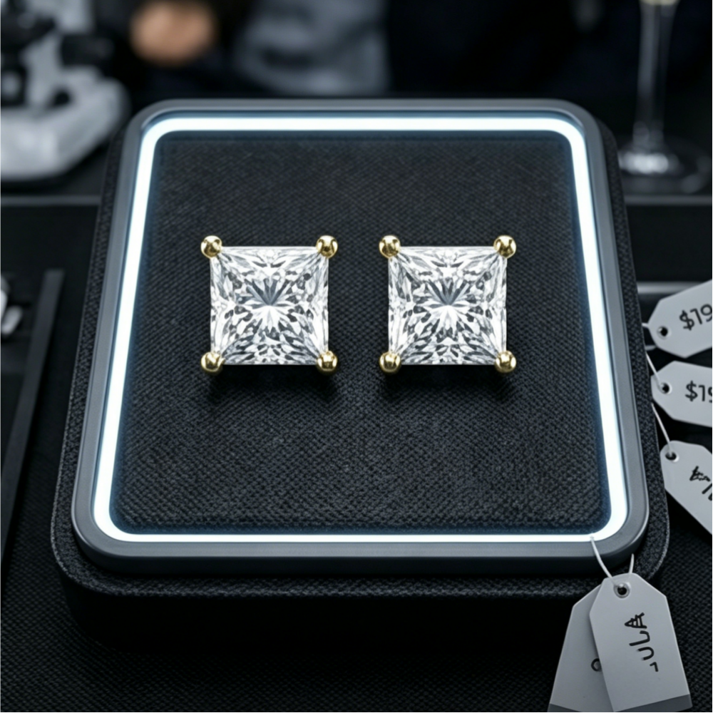 2ctw Princess Cut Moissanite Stud Earrings | Classic 18K Gold Finish Editions | TARA AYARH LUNE