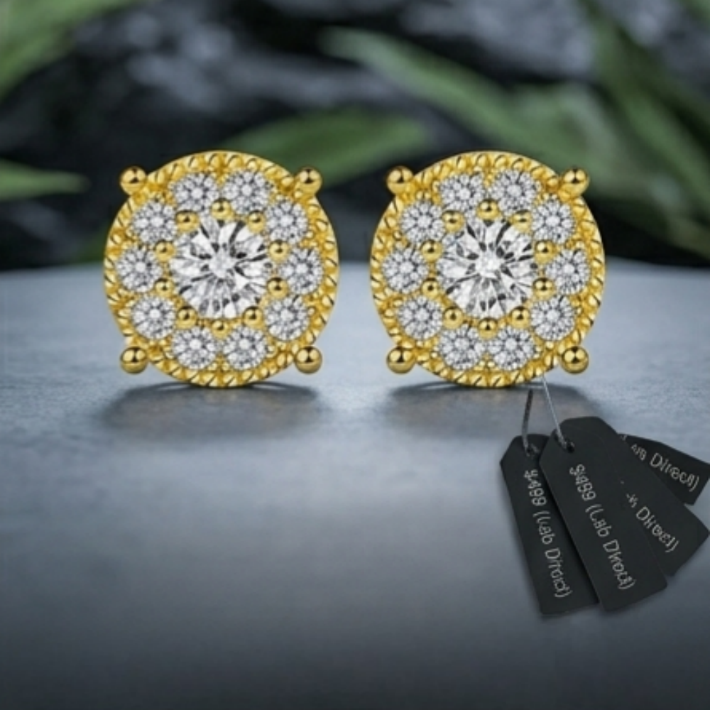 1ctw Round Moissanite Double-Layer Cake Stud Earrings | 18K Gold Pavé Sunburst | TARA AYARH LUNE