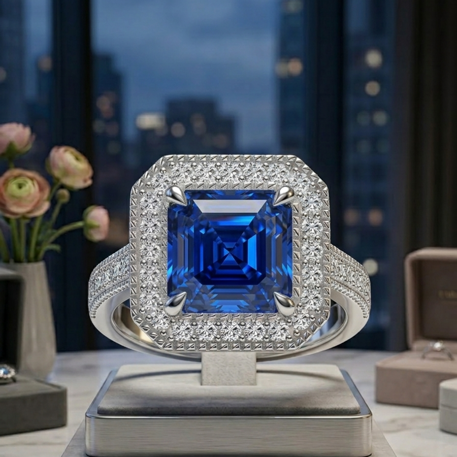 3ct Asscher Cut Moissanite Statement Ring | Grand Horizon Green Blue Ice Options | TARA AYARH LUNE