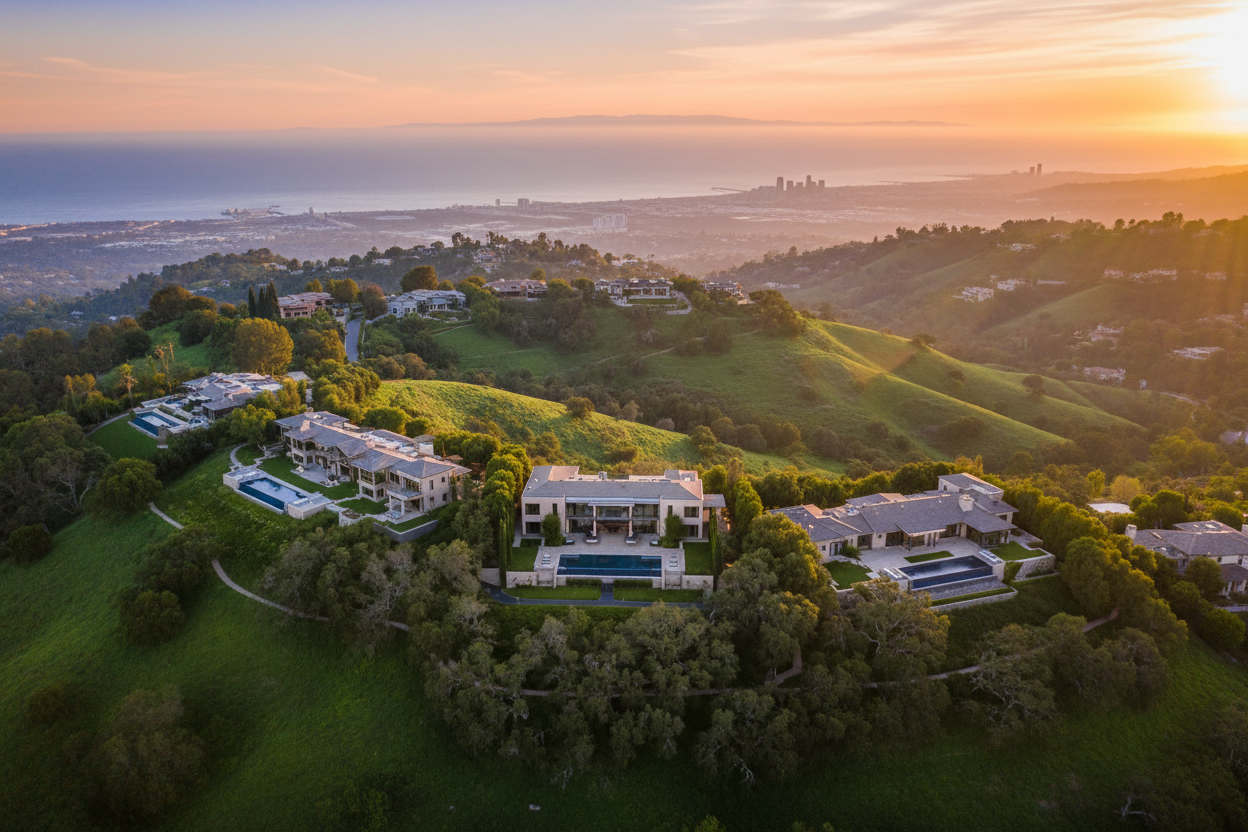 Cinematic wide-angle aerial shot of the rolling green hills of La Habra Heights, California at golden hour. Luxurious, modern sanctuary-style estates nestled among lush oak trees and manicured landscapes. In the background, a soft atmospheric mist over the distant Pacific Ocean and a faint silhouette of the Los Angeles coastline under a glowing sunset sky. The lighting is ethereal, warm, and serene, evoking a sense of "Pure Land" or spiritual tranquility. High-end real estate photography style, 8k resolutio