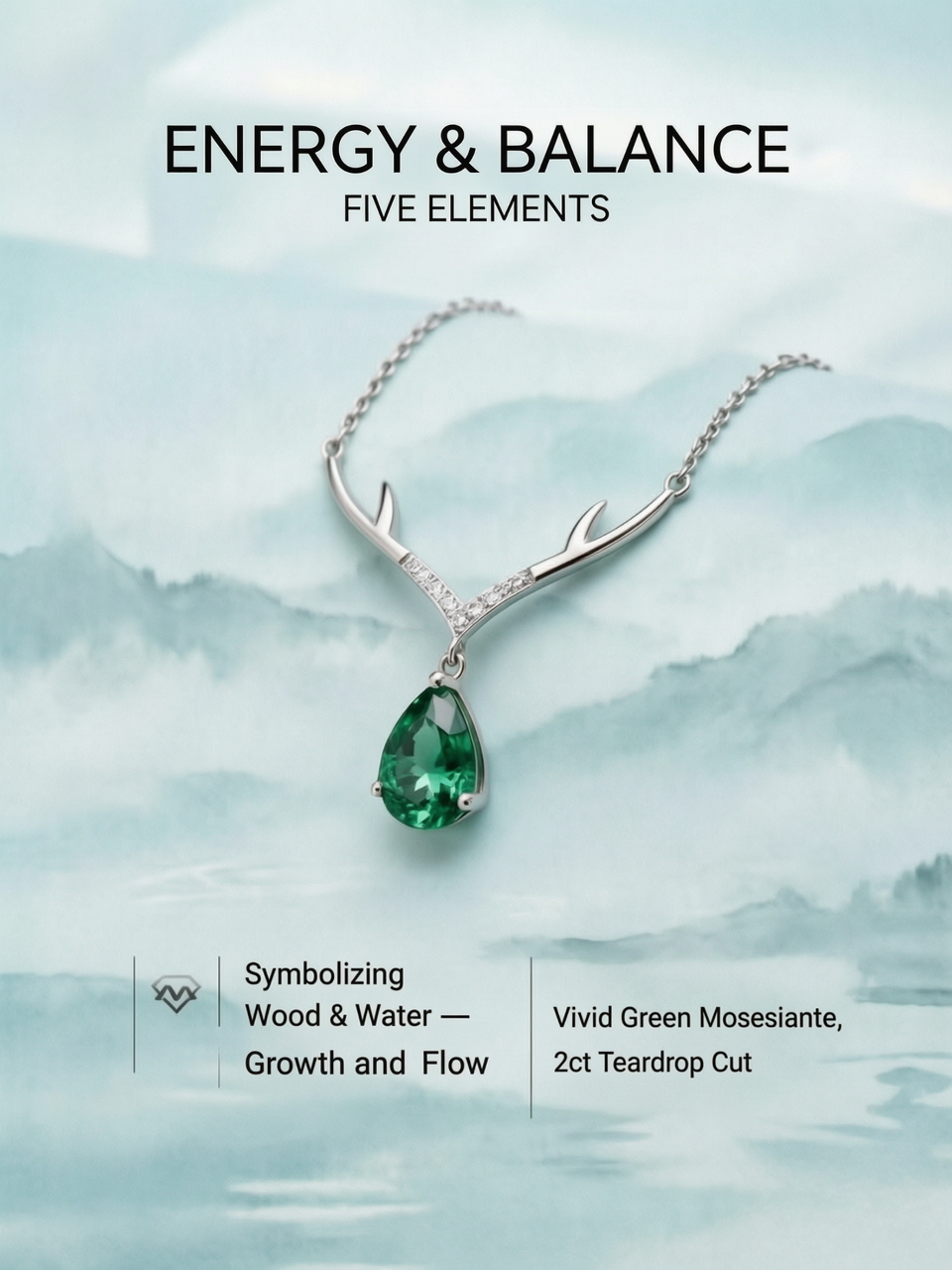 MSD.124G · 2CT Emerald Green Moissanite Teardrop Necklace with Polished Antlers in Sterling Silver