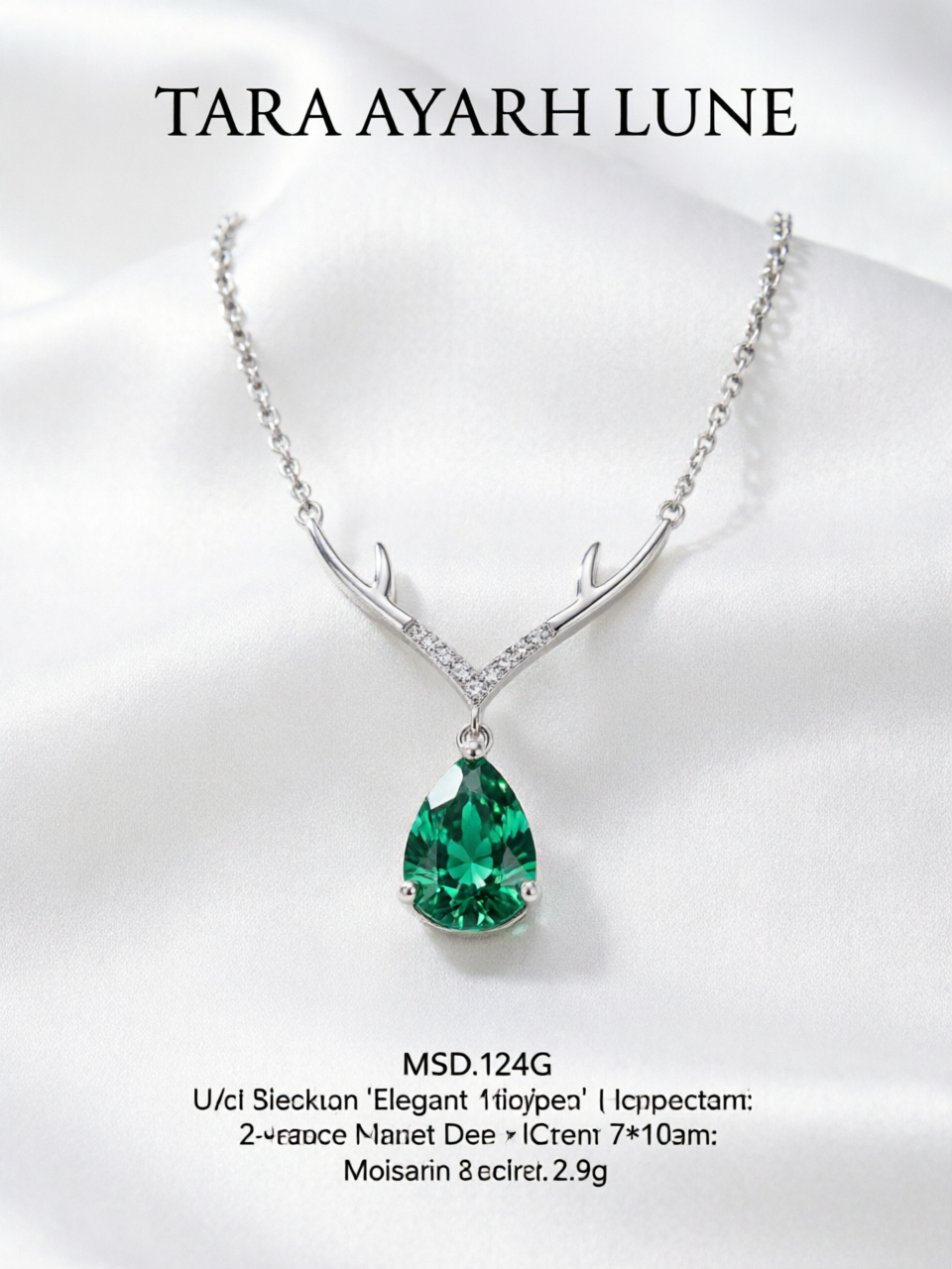 MSD.124G · 2CT Emerald Green Moissanite Teardrop Necklace with Polished Antlers in Sterling Silver